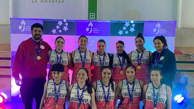 Equipo de básquetbol femenino del Colegio Santa Teresa celebrando tras ganar la final regional en el Polideportivo Ángel Marentis