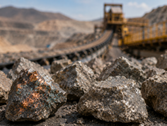 Personal minero analizando muestras de mineral de cobre en una planta de procesamiento en Chile