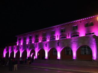 Edificio del Gobierno Regional de Coquimbo iluminado de rosado por el mes del cáncer de mama
