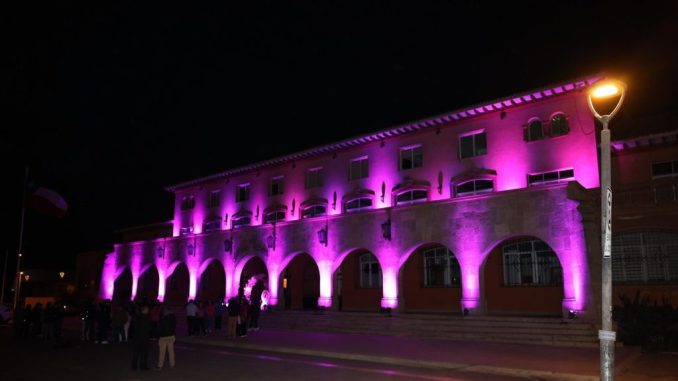 Edificio del Gobierno Regional de Coquimbo iluminado de rosado por el mes del cáncer de mama